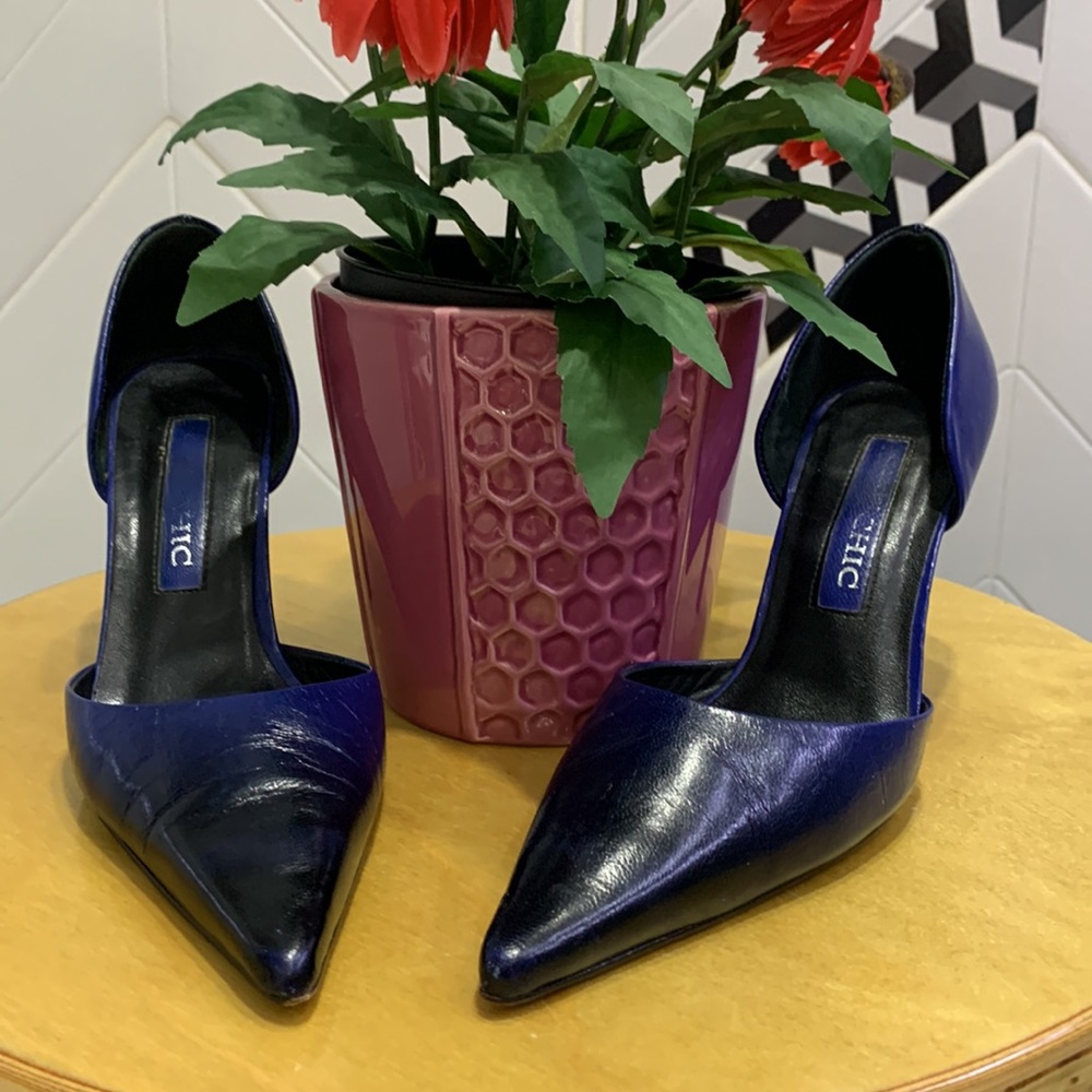 🌸VTG Claudina Chic 💯% Leather Ombré Black/Blue Pumps - Picture 3 of 11